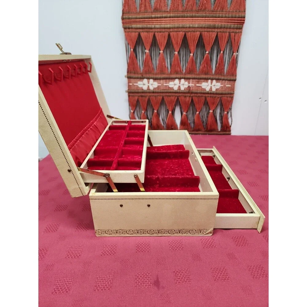 Vintage 1960's Mele & Co. Auto Open Jewelry Box W Original Key Red Velvet Lined